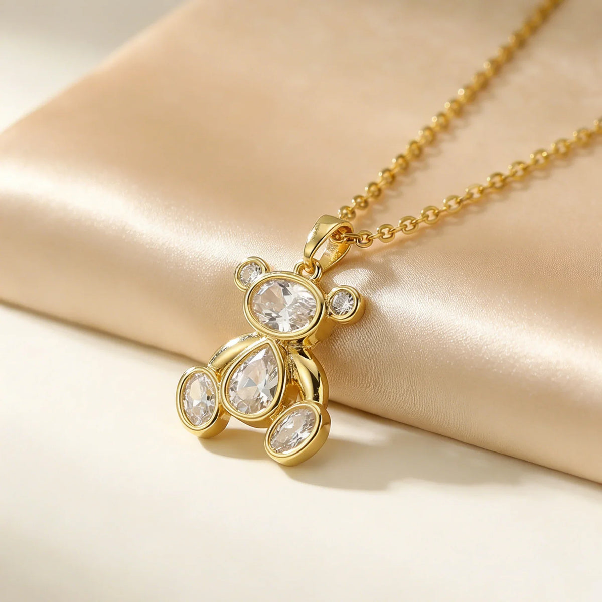 Delicate Pink Zircon Bear Pendant Necklace