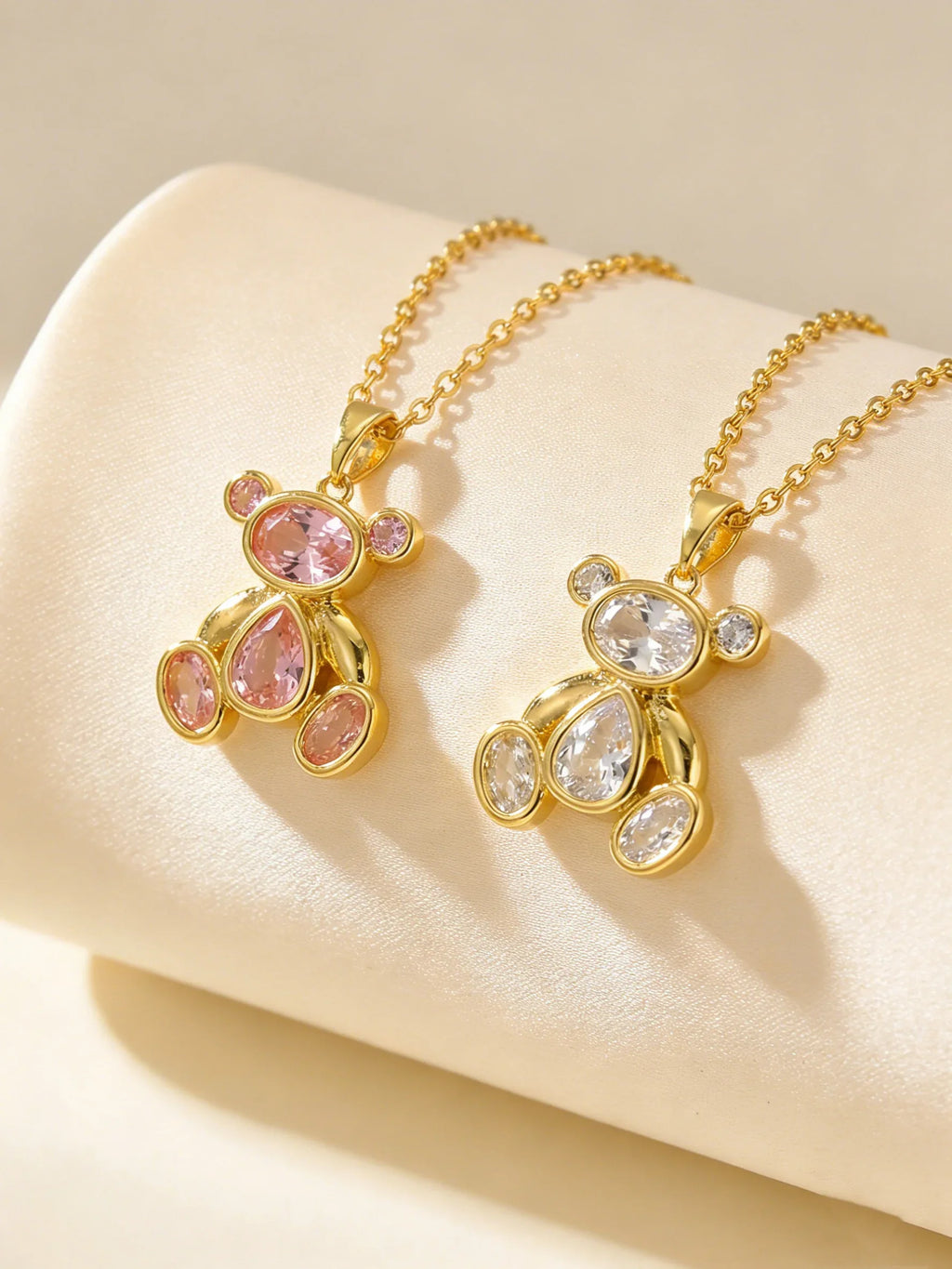 Delicate Pink Zircon Bear Pendant Necklace