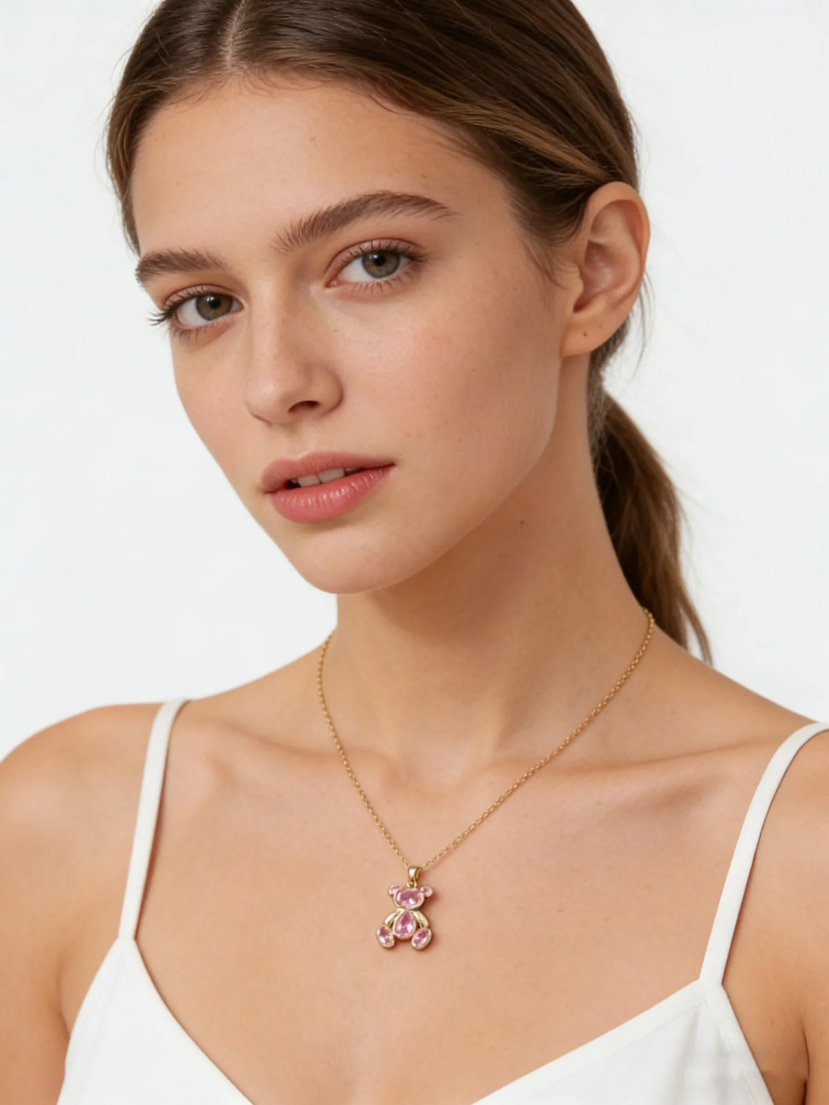 Delicate Pink Zircon Bear Pendant Necklace