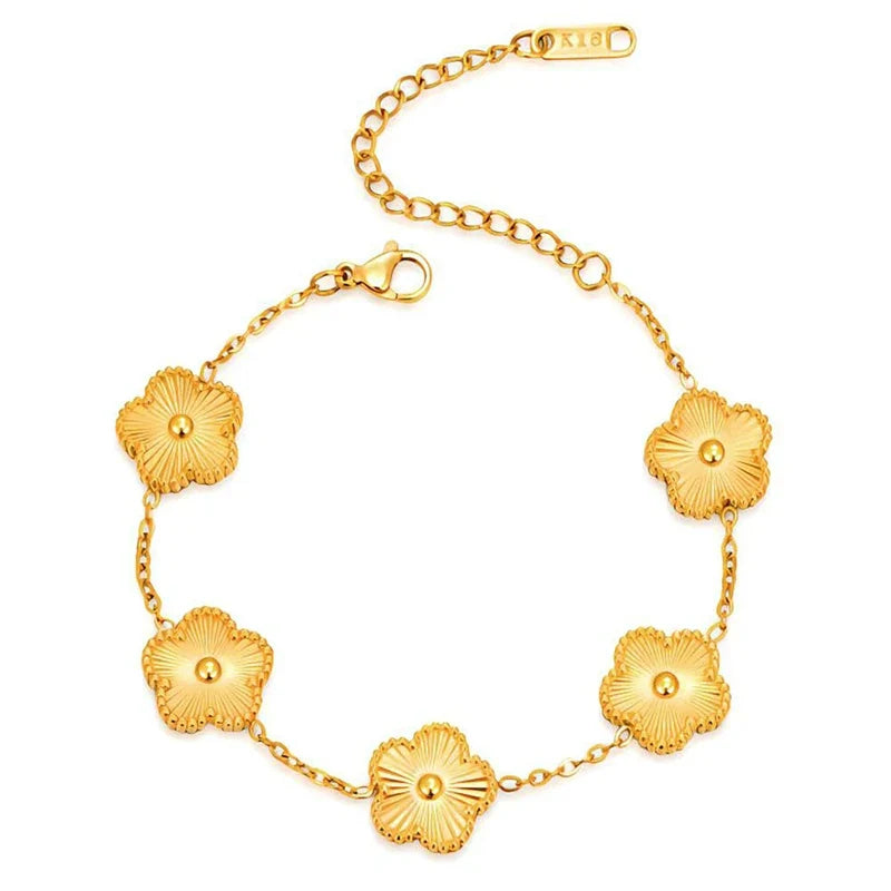 Gold Plated Stainless Steel Necklace Woman Five Leaf Petals Double Sided Necklaces