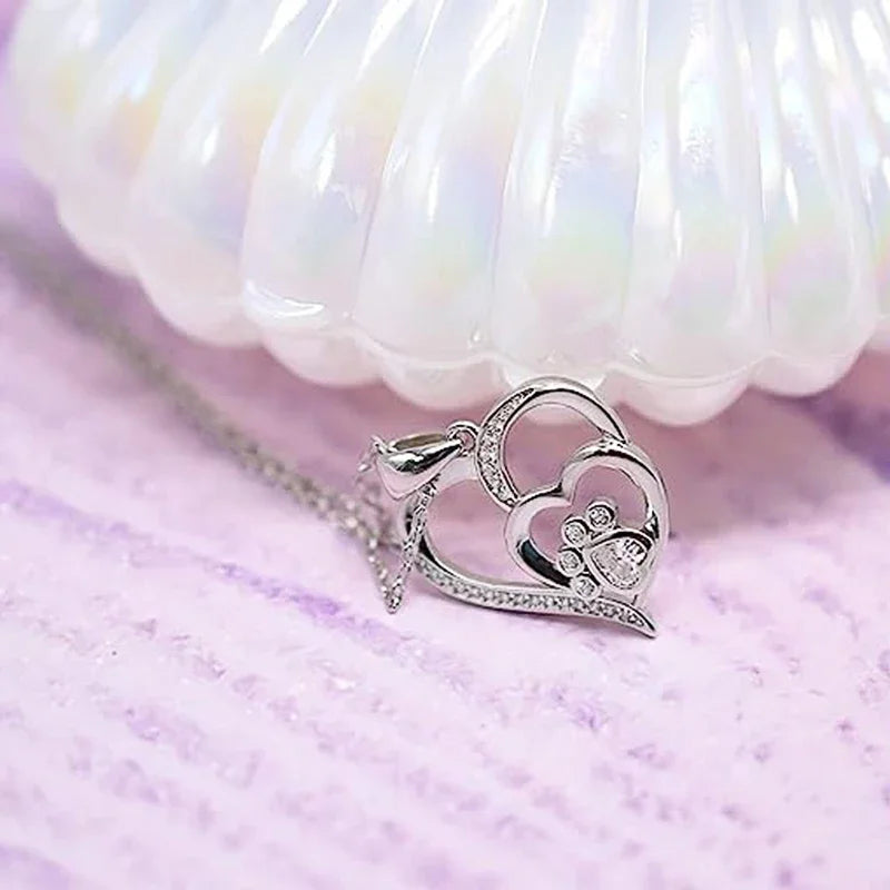 Huitan Sweet Paw Print Shaped Women Pendant Necklace Double Heart for Wedding