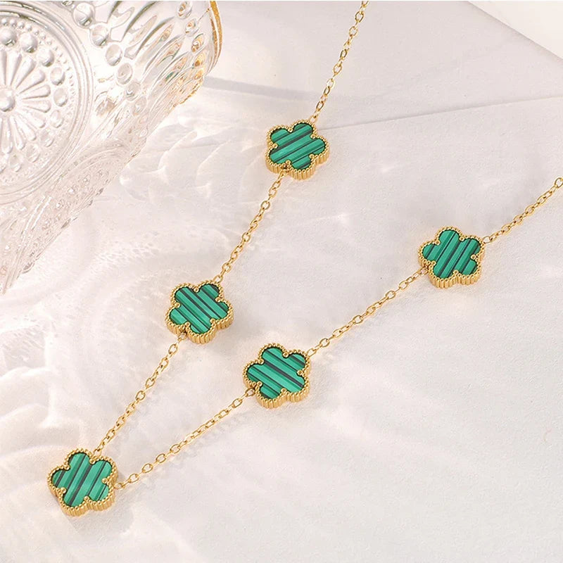 Gold Plated Stainless Steel Necklace Woman Five Leaf Petals Double Sided Necklaces