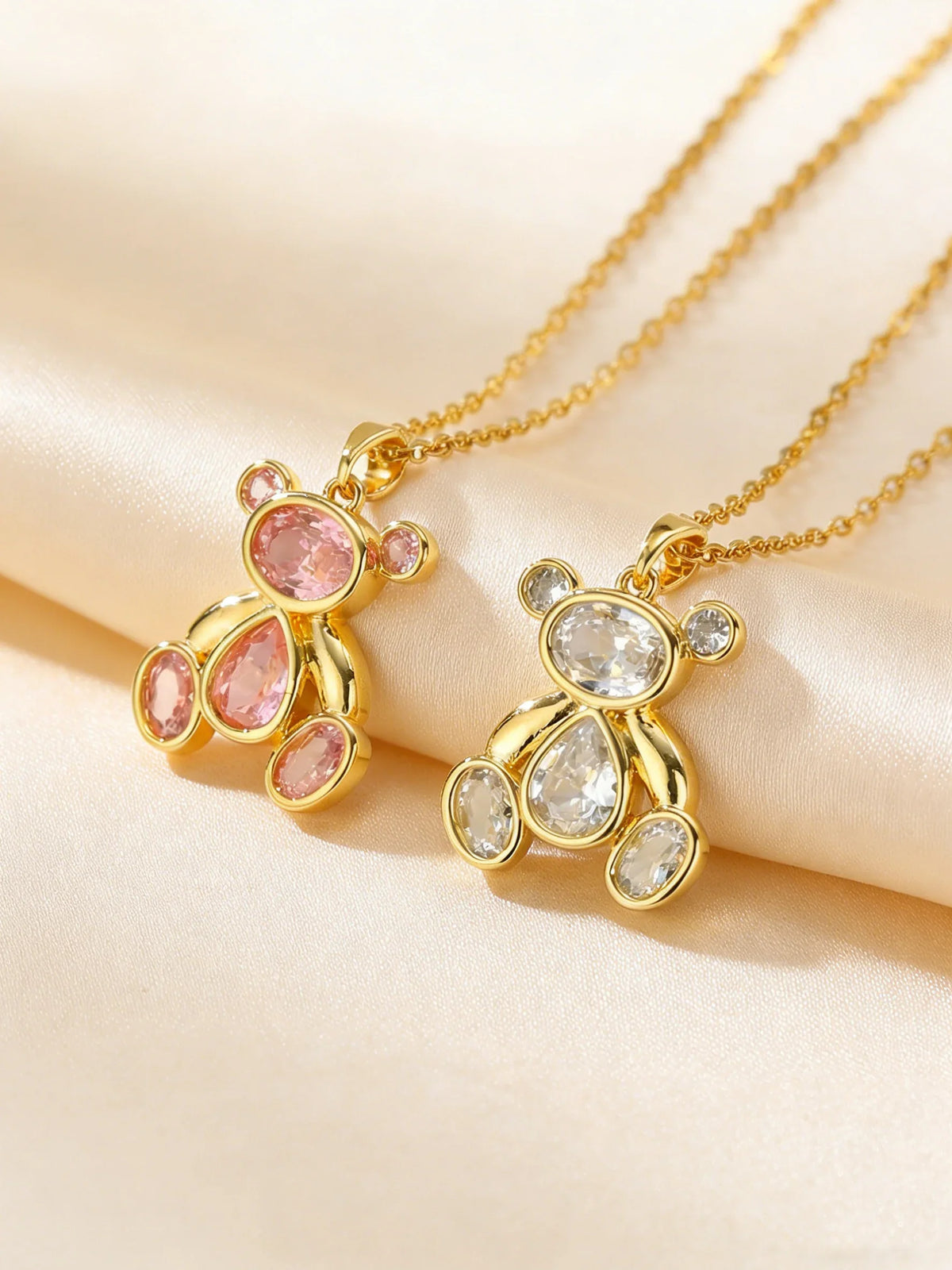Delicate Pink Zircon Bear Pendant Necklace