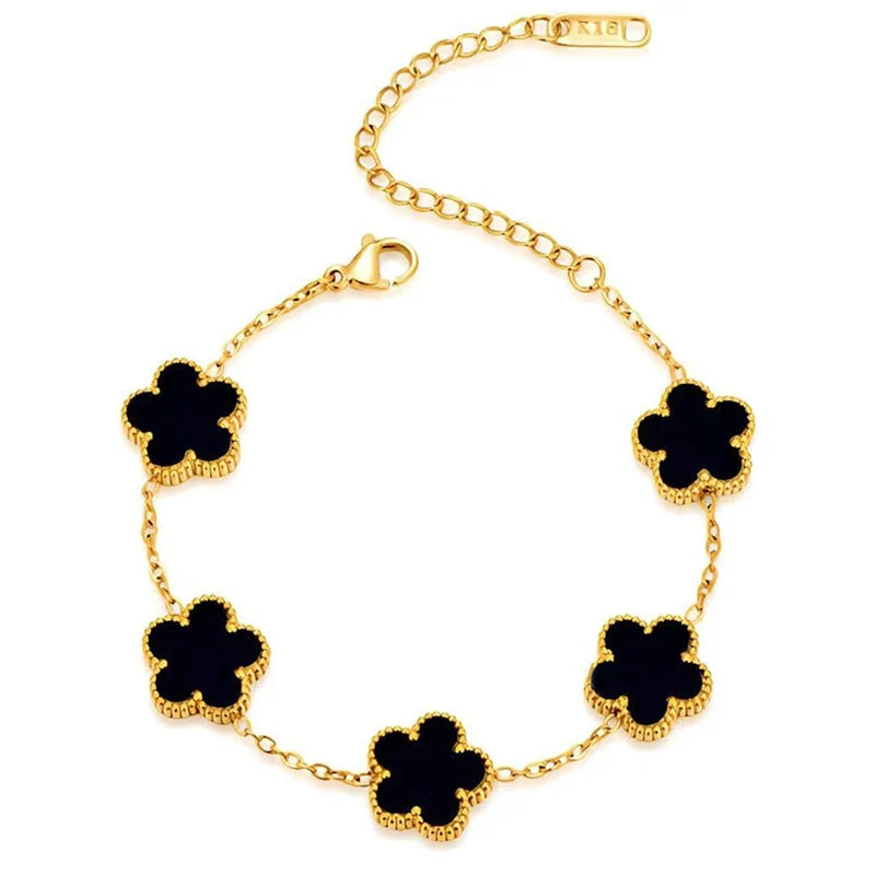 Gold Plated Stainless Steel Necklace Woman Five Leaf Petals Double Sided Necklaces