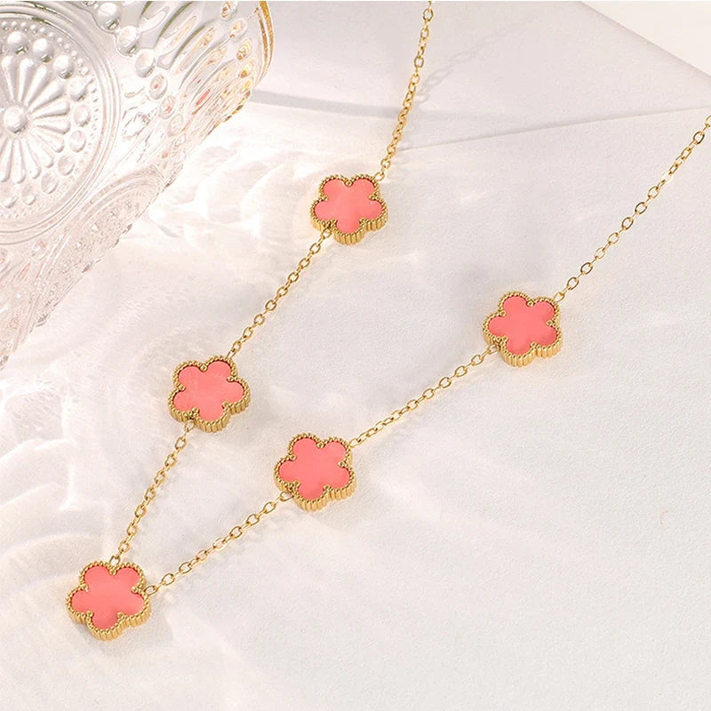 Gold Plated Stainless Steel Necklace Woman Five Leaf Petals Double Sided Necklaces