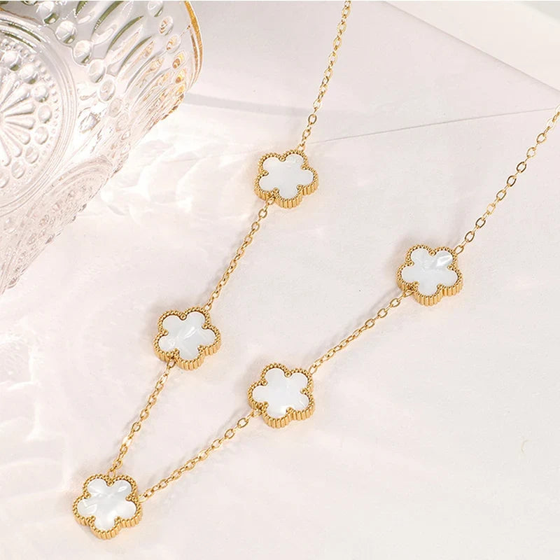 Gold Plated Stainless Steel Necklace Woman Five Leaf Petals Double Sided Necklaces