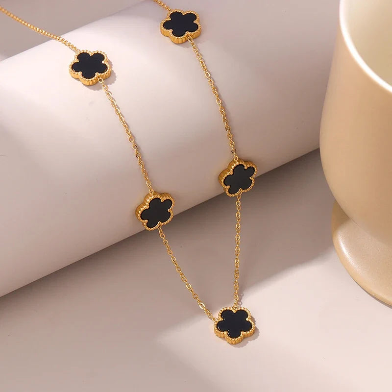 Gold Plated Stainless Steel Necklace Woman Five Leaf Petals Double Sided Necklaces