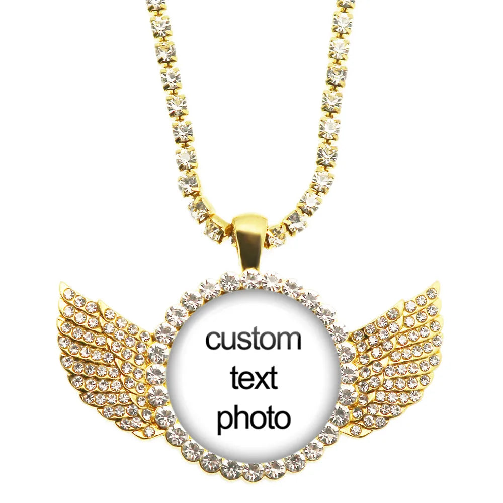 Crystal Angel Wing Personalized Glass Cabochon Pendant Necklace Baby Mom Dad Family Anniversary Gift