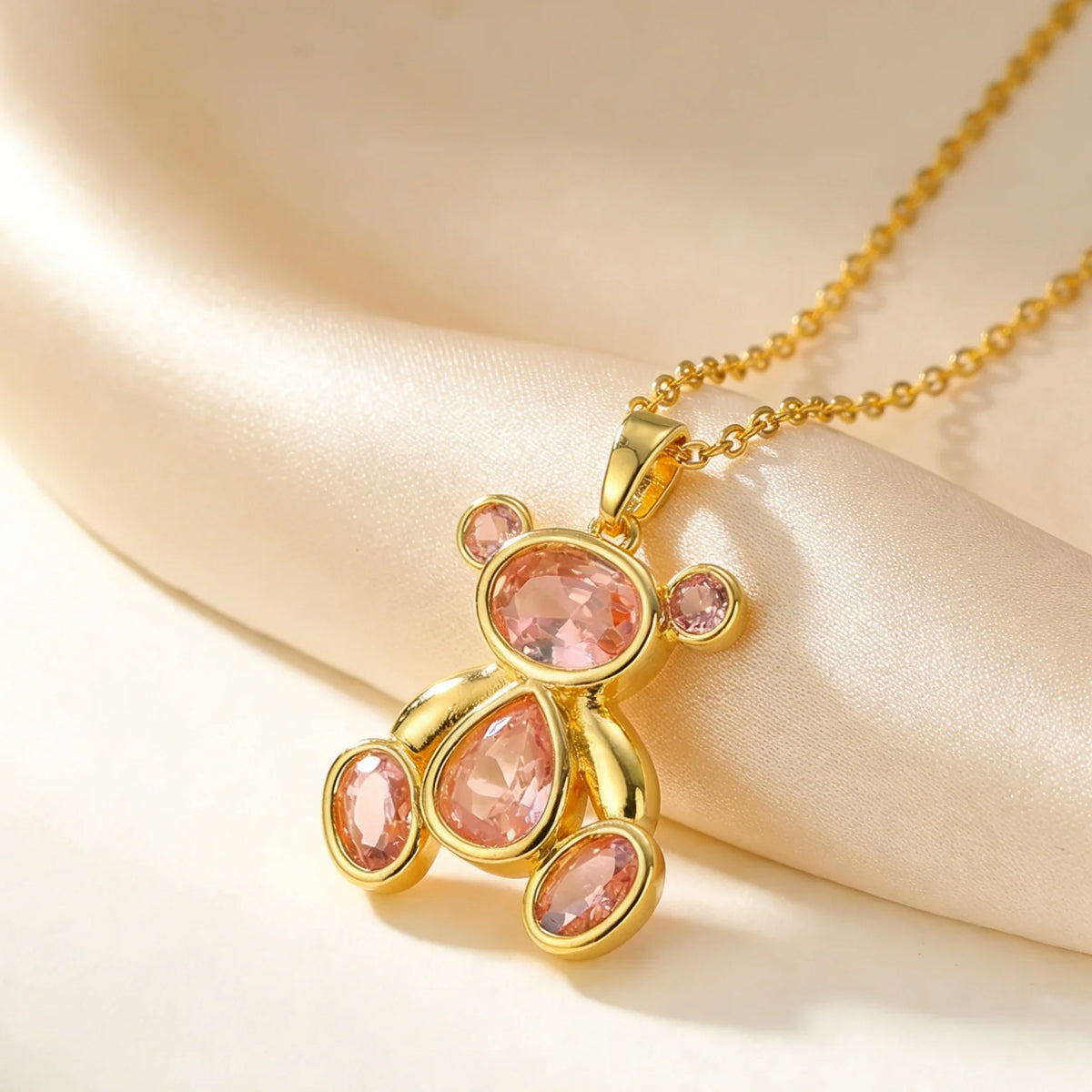 Delicate Pink Zircon Bear Pendant Necklace