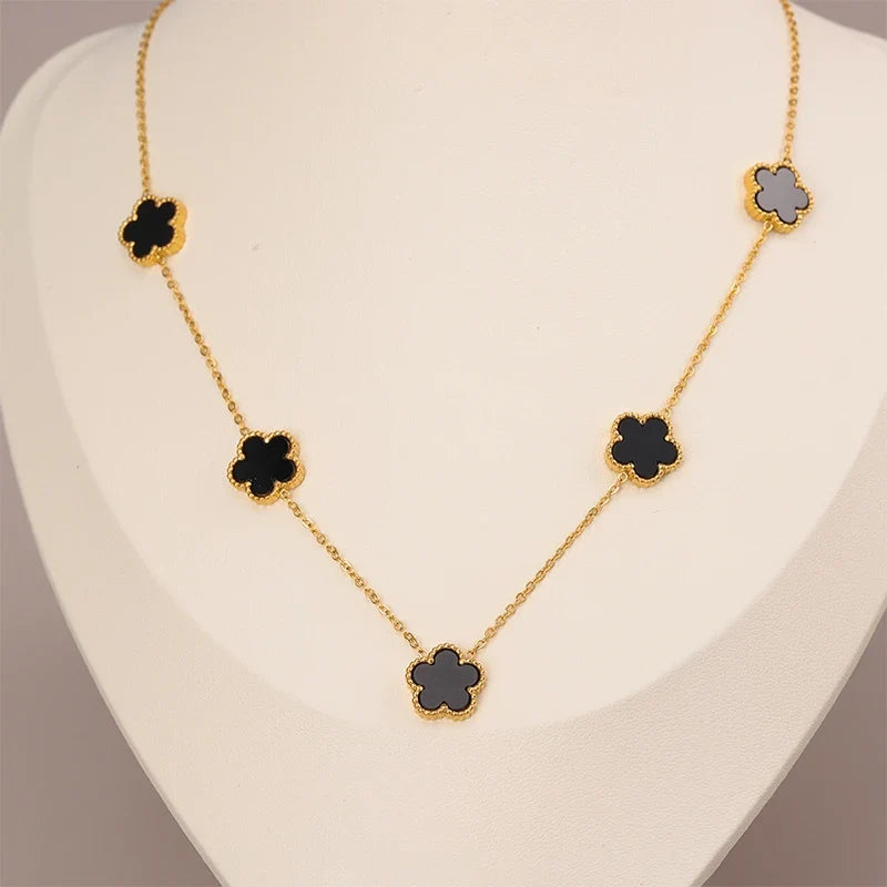 Gold Plated Stainless Steel Necklace Woman Five Leaf Petals Double Sided Necklaces