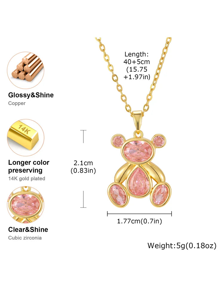 Delicate Pink Zircon Bear Pendant Necklace