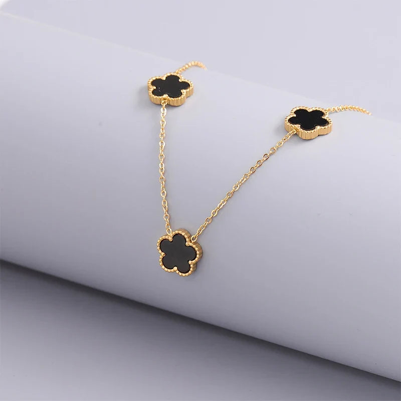 Gold Plated Stainless Steel Necklace Woman Five Leaf Petals Double Sided Necklaces