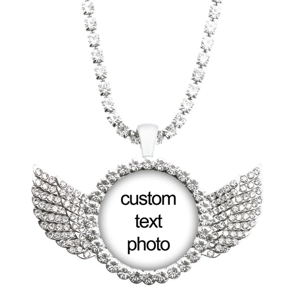Crystal Angel Wing Personalized Glass Cabochon Pendant Necklace Baby Mom Dad Family Anniversary Gift