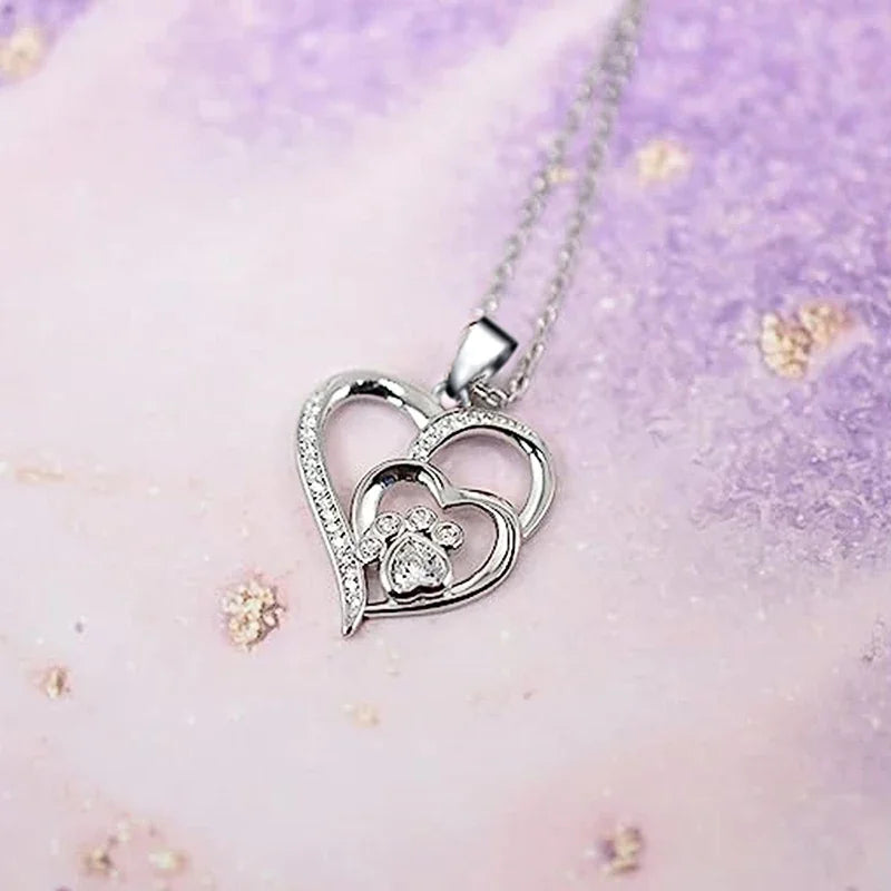Huitan Sweet Paw Print Shaped Women Pendant Necklace Double Heart for Wedding